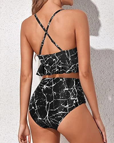 Two Piece Comfortable Beach Vacation Ruffle High Waisted Bikini Ruched-Black Marble 2 Two Piece Comfortable Beach Vacation Ruffle High Waisted Bikini Ruched-Black Marble - Image 2