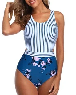 Teen Girls Tummy Control Cutout Bathing Suit-Blue Floral -Bikini Beach Shop 51yO6gooeaL