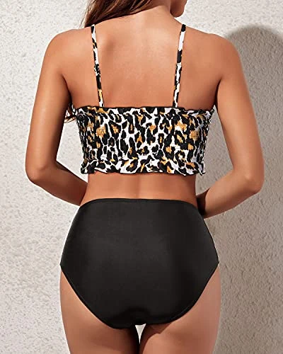Adjustable Shoulder Straps Design Smocked 2 Piece Swimsuit-Black And Leopard 2 Adjustable Shoulder Straps Design Smocked 2 Piece Swimsuit-Black And Leopard - Image 2