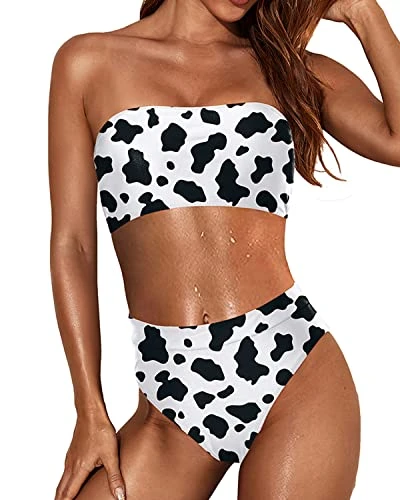 Slimming Two Piece Bikini High Cut Bottom And Strapless Top-Black And White Cow Pattern 1 Slimming Two Piece Bikini High Cut Bottom And Strapless Top-Black And White Cow Pattern