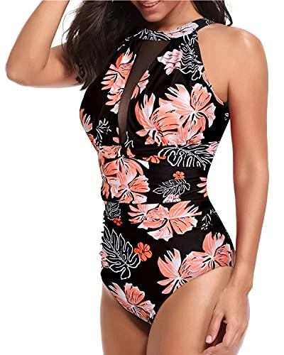 Elegant High Neck Women's Monokini Swimsuit-Black Orange Floral 3 Elegant High Neck Women's Monokini Swimsuit-Black Orange Floral - Image 3