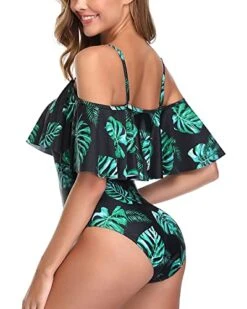 Slimming Off Shoulder One Piece Swimsuit For Women-Black And Green Leaf -Bikini Beach Shop 51zVPpX8s1L
