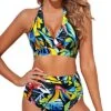 Push Up Halter Bikini Set Women's Bikini Swimsuits-Black Leaves