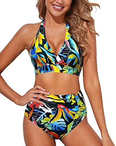 Push Up Halter Bikini Set Women's Bikini Swimsuits-Black Leaves 1 Push Up Halter Bikini Set Women's Bikini Swimsuits-Black Leaves